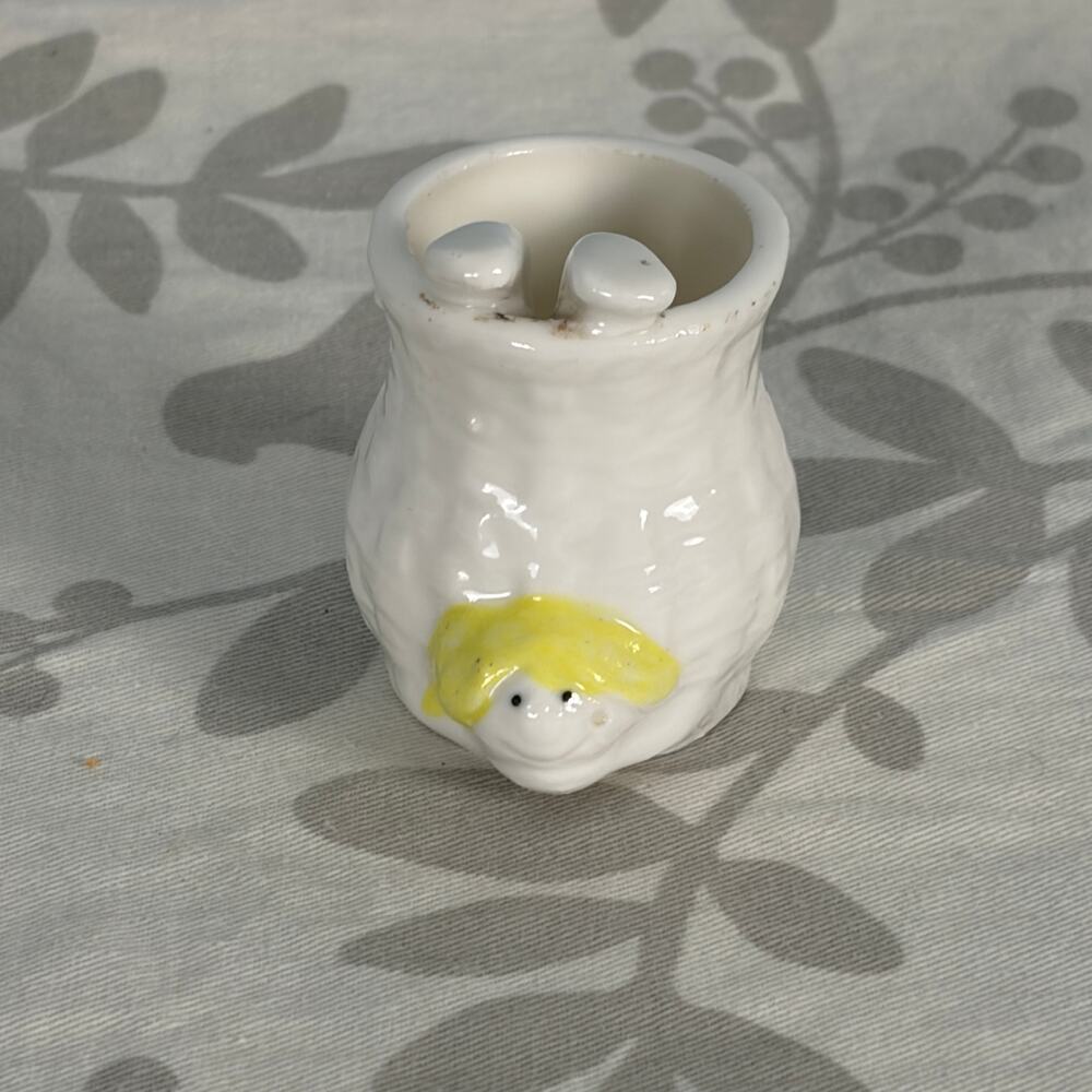 Vintage Ceramic Upside Down Boy in Basket Toothpick Holder Novelty White